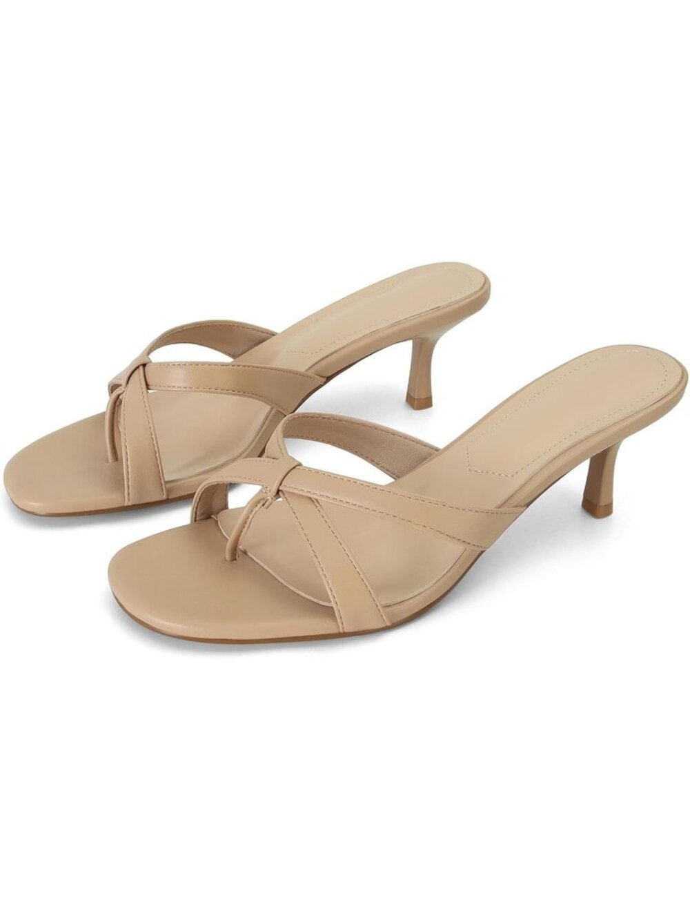 Women's Khaki Rounded Open-Toe Strappy Kitten Mule Heel Thong Flip-Flop Sandal